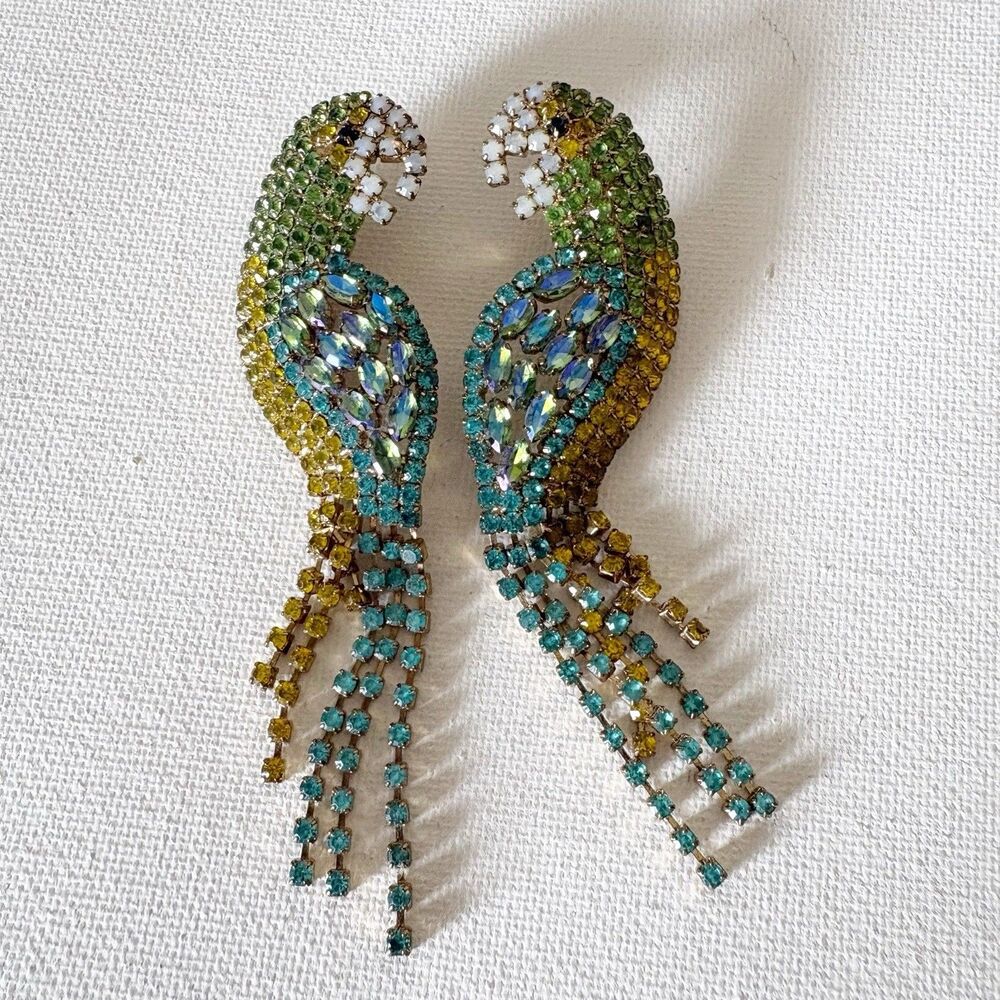 Vtg Macaw Parrot Earring Crystal Rhinestone Dangle Statement 3.5” Long Vacation